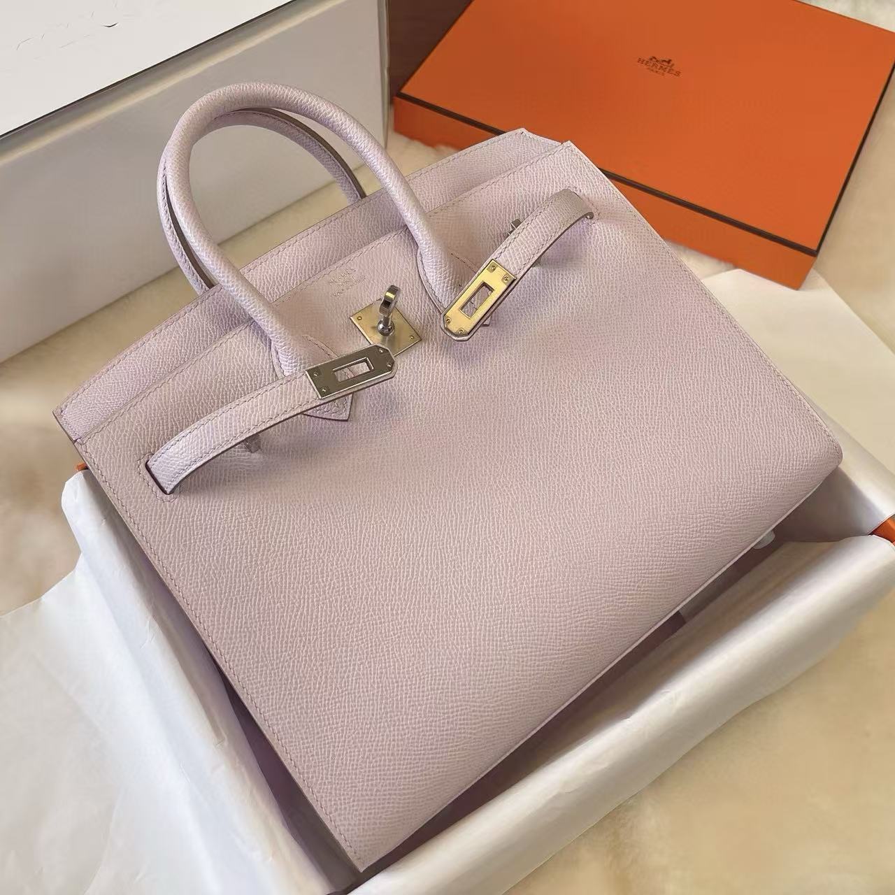 頂級復刻高仿Hermes bag 手袋 Birkin25 Epsom 皮外縫夢幻紫金扣99%真