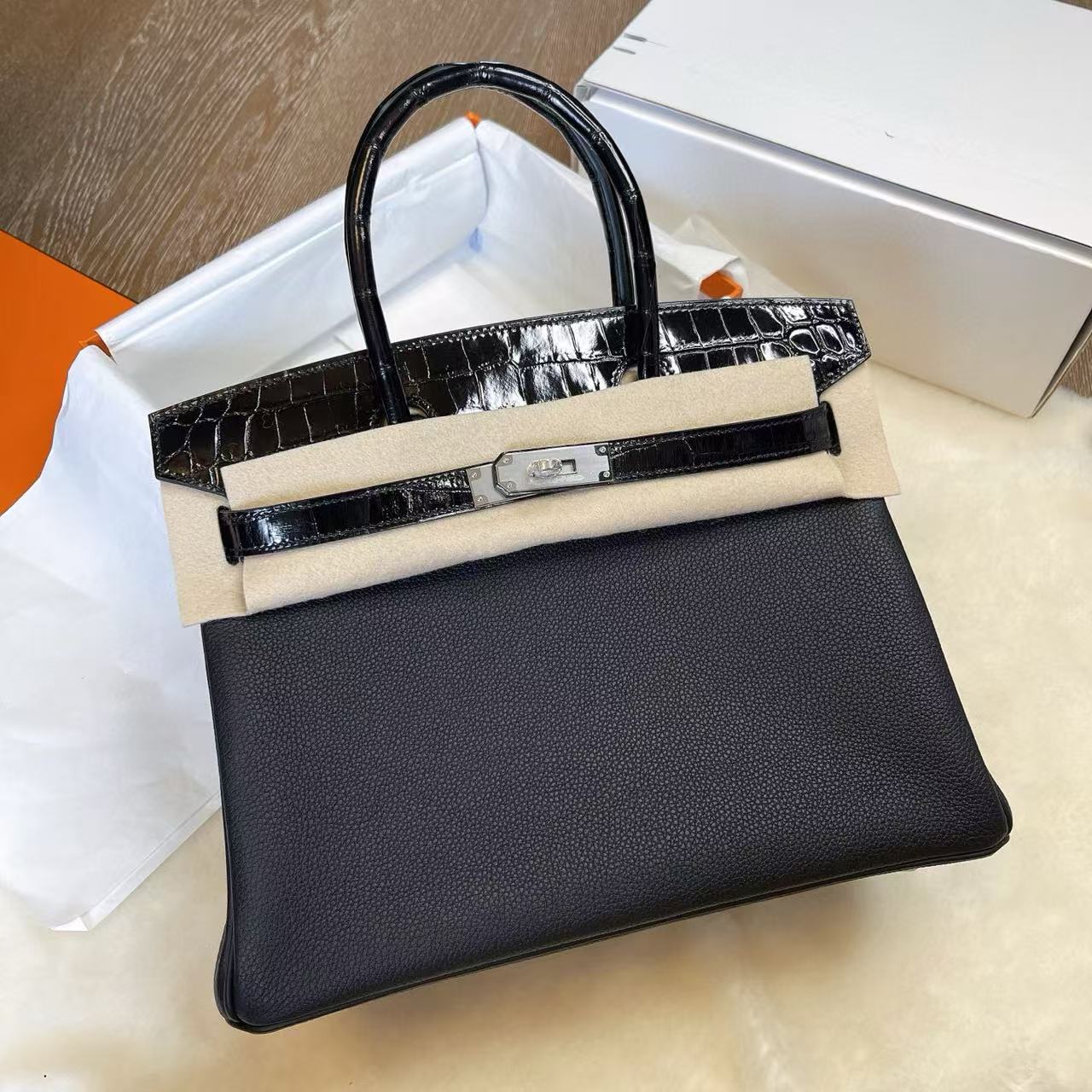 頂級復刻高仿Hermes bag 手袋 Birkin25 內縫黑銀拼亮面鱷魚皮銀扣 99%真