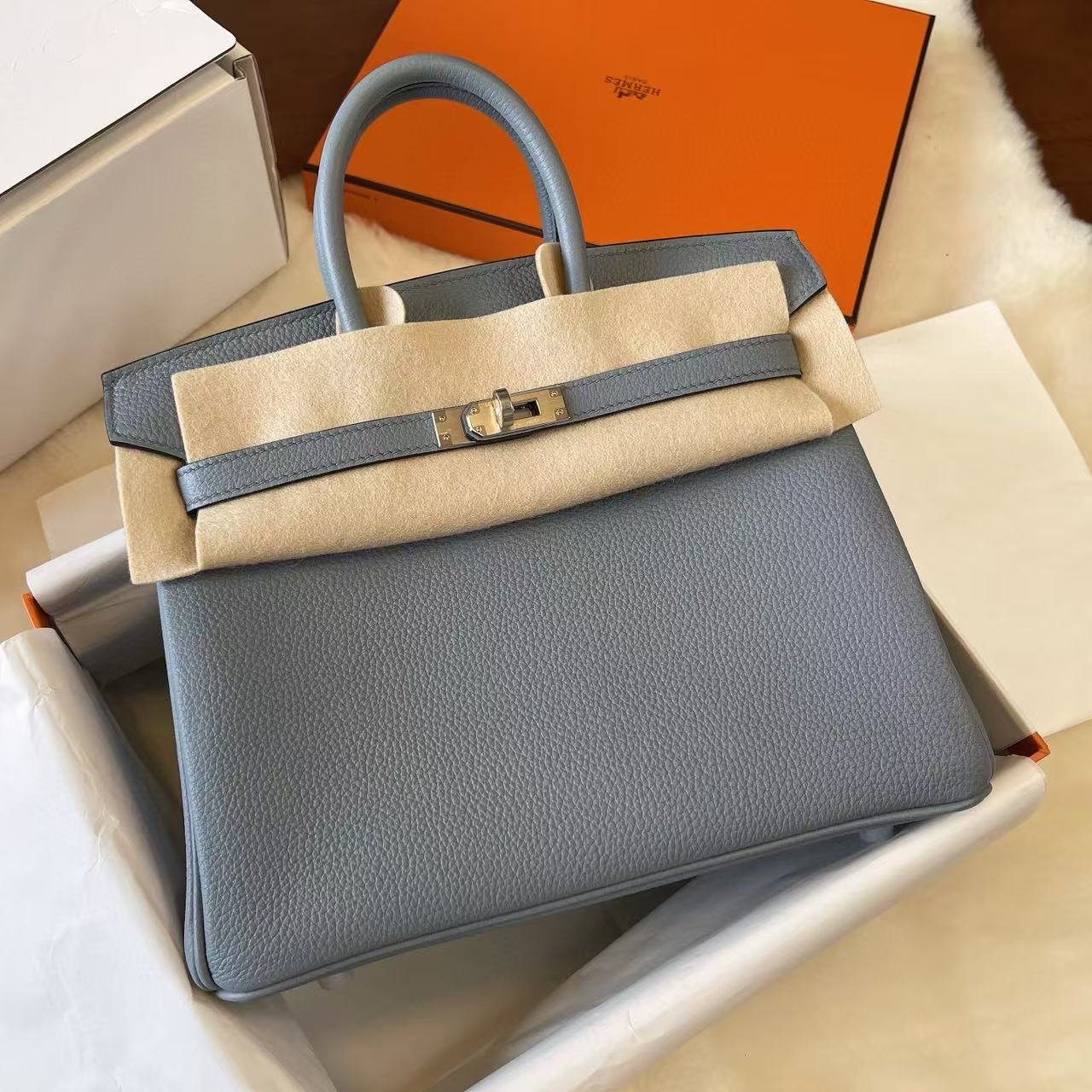 頂級復刻高仿Hermes bag 手袋 Birkin25亞麻藍內拼色銀扣 99%真