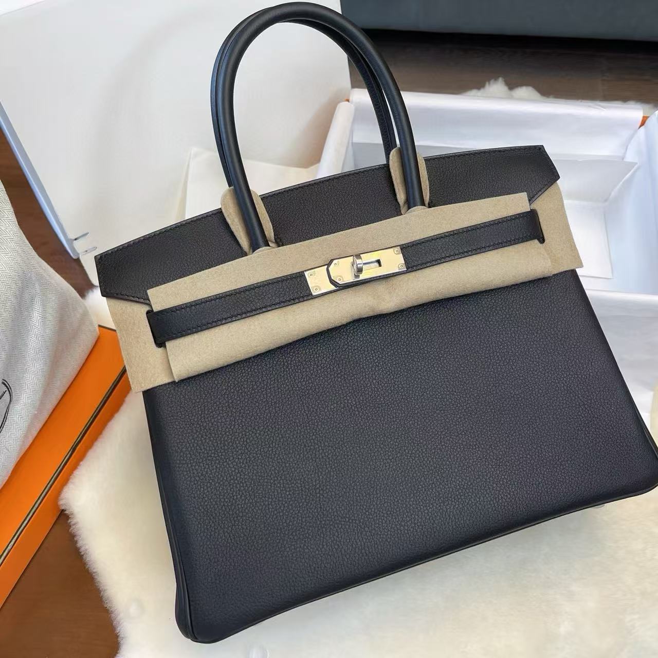 頂級復刻高仿Hermes bag 手袋 Birkin30Togo皮黑金銀扣 99%真