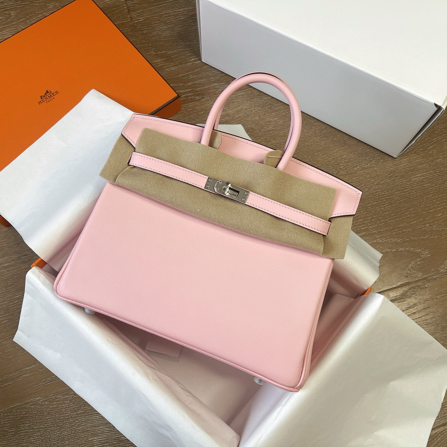 頂級復刻高仿Hermes bag 手袋 Birkin25 Swift皮櫻花粉銀扣 99%真