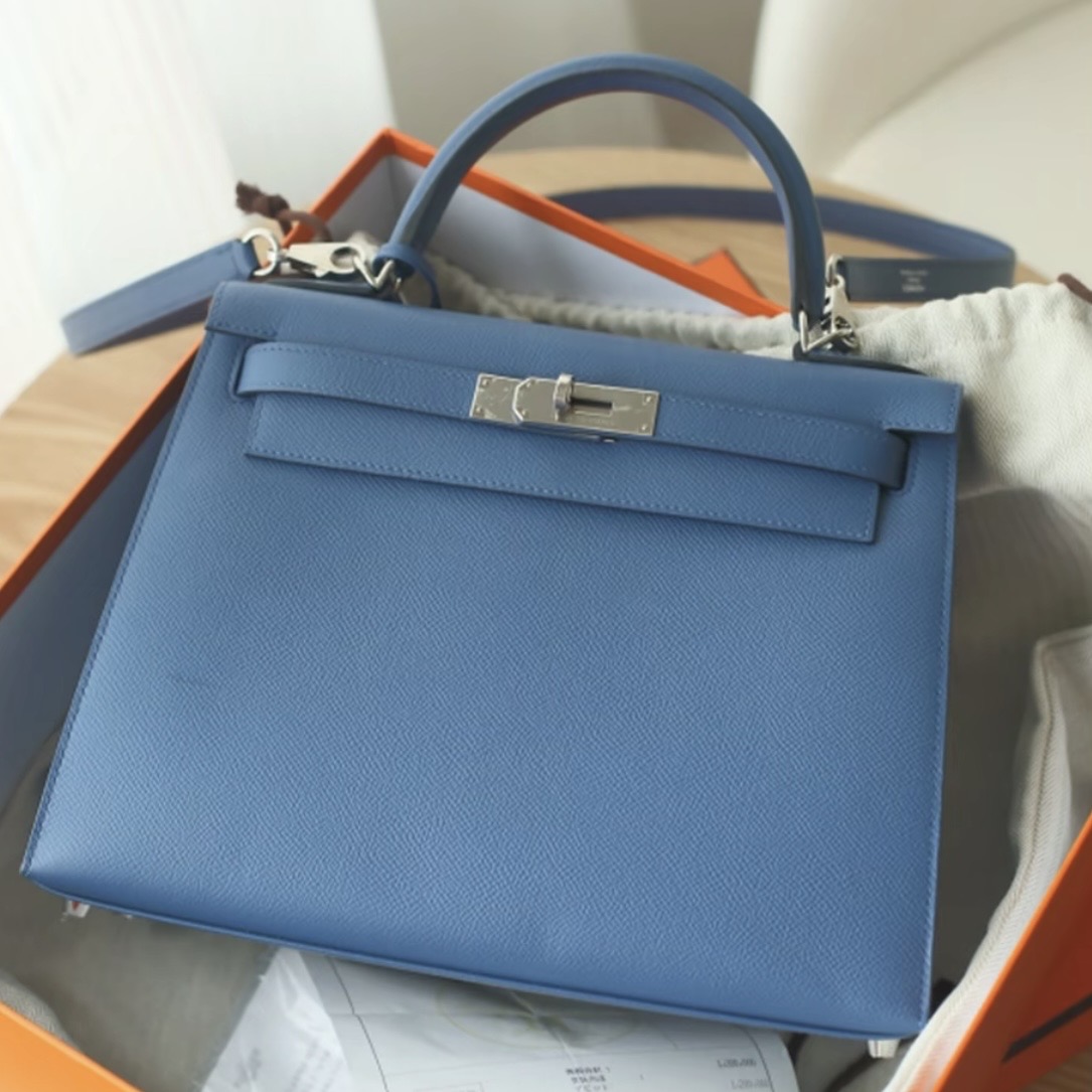 Hermes Kelly 28 EP silver hardware handbag (Agate blue)