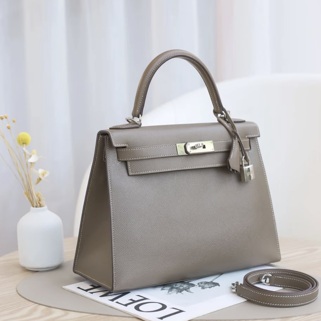 Hermes Kelly 28 EP silver hardware handbag (Elephant ash)